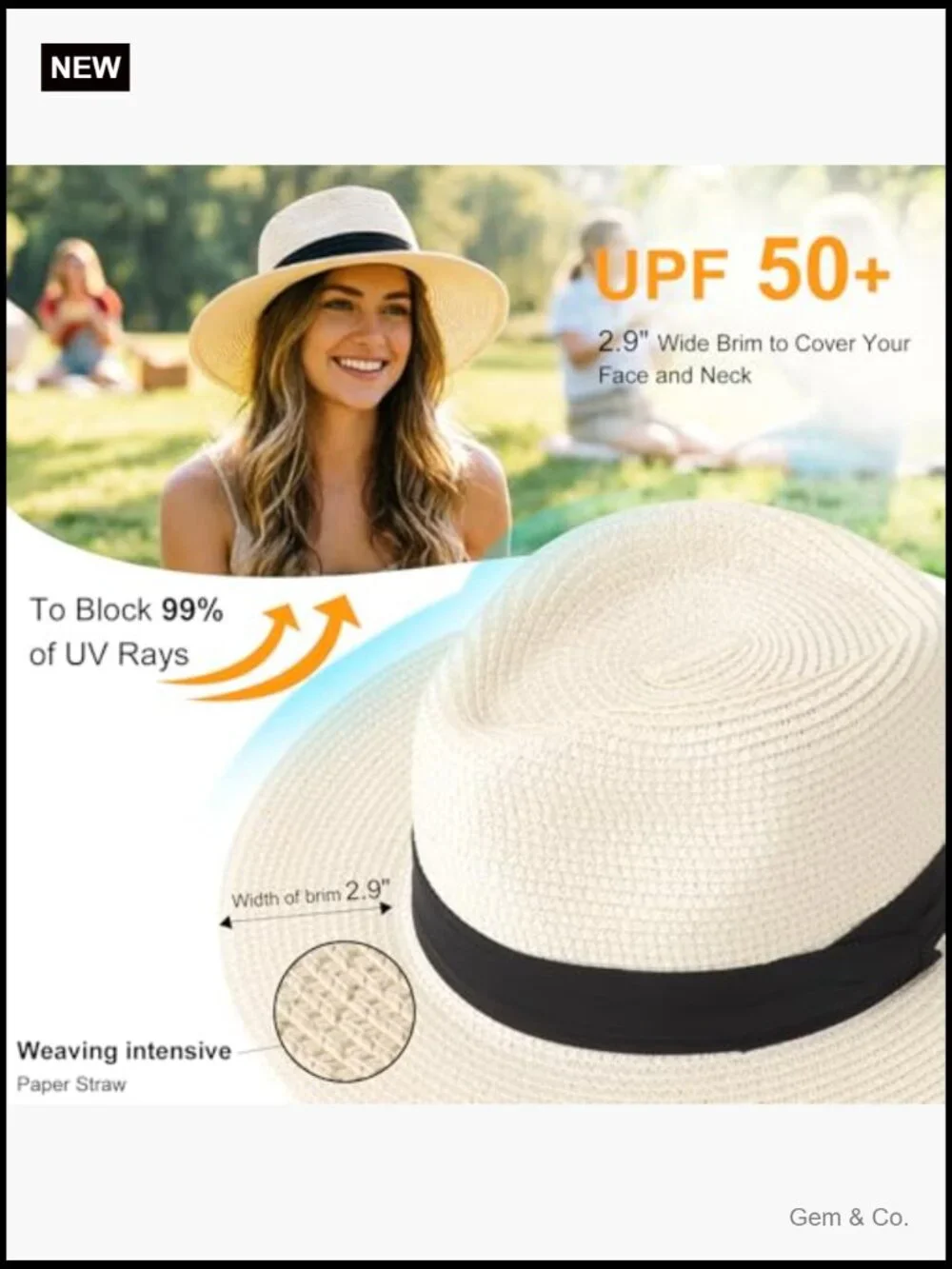 Wide Brim Straw Sun Hat UPF 50+ Foldable Travel Fedora